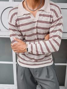 Manfinity Casual Fashionable Versatile Striped Long Sleeve Men's Polo Shirt - Khaki - View 5