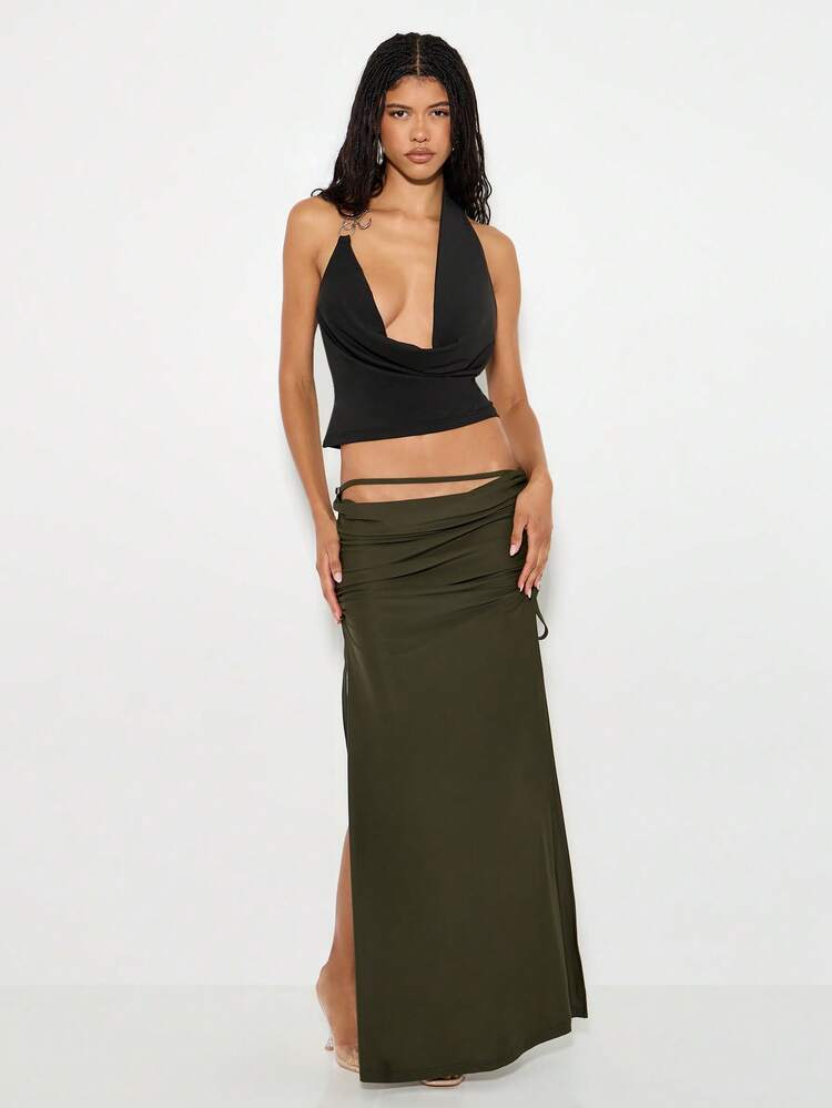 KIZN Side Ruched Maxi Skirt With Adjustable Drawstring