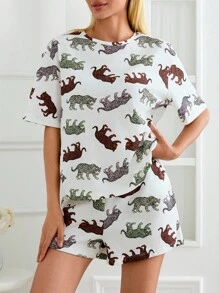 EURMUSE 2 pièces Ensemble pyjama en coton avec motif animal, chemise à manches courtes oversize et shorts imprimés - Multicolore - Voir 5
