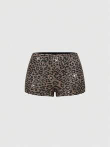 ROMWE Grunge Punk Y2K Leoprint Pailletten glänzendes kurzes Camisole-Top & Spitzenbesatz Super Mini Shorts 2-teiliges Set, für Musikfestivals, Partys, Clubs - Schwarz - Übersicht 5