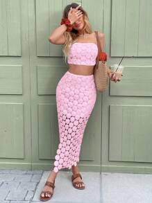 Breezaya Elegant White 3D Polka Dot Tie-Up Bandeau & Slit Skirt 2 Pieces Set For Women