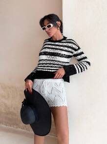 RueChic Black And White Striped Hollow-Out Lace Knit Sweater
