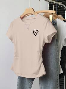 Women's Heart Print Round Neck Short Sleeve T-Shirt - Burgundy - View 7