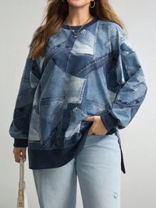 Comfylo Plus Size Casual Denim Effect Print Side Slit Sweatshirt, Fall Winter Autumn Long Sleeve Tops Going Out Tops For Women - Blue - View 5