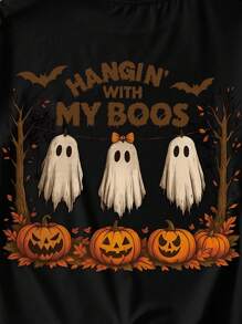 万圣节南瓜和鬼魂印花女式圆领短袖休闲T恤 - 黑色 - 查看 5