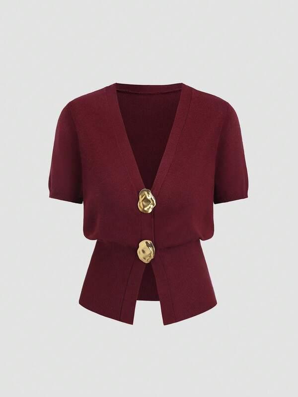 Sweetra 全新酒红色金属纽扣V领收腰都市时尚休闲针织短袖开衫