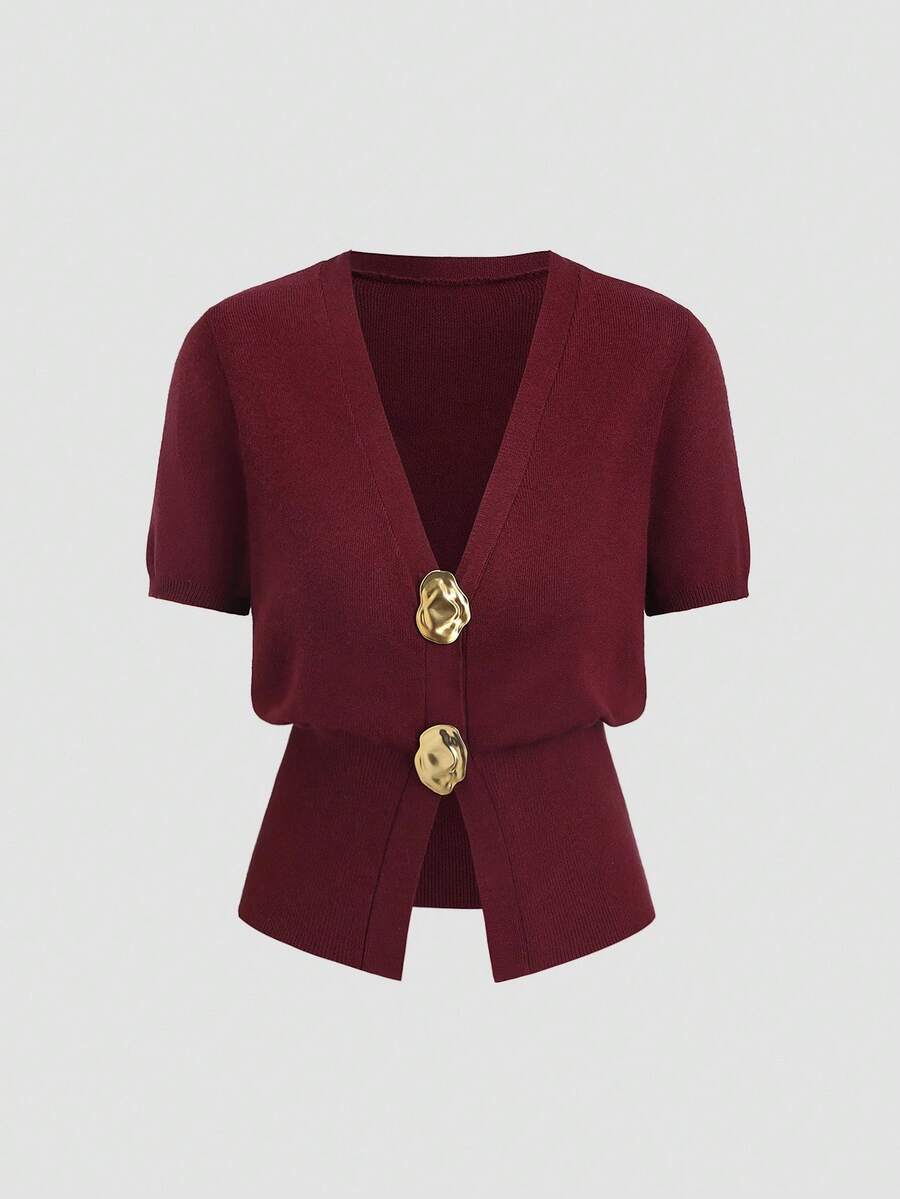 Sweetra 全新酒红色金属纽扣V领收腰都市时尚休闲针织短袖开衫 - 酒紅色 - 查看 1