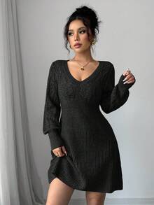Siren Gaze Váy len ngắn cổ tim dài tay dệt kim thời trang thu đông cho nữ, Váy len ngắn đơn giản cổ chữ V màu trơn cho nữ - màu đen - Xem 4