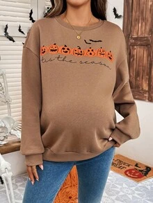 SHEIN Maternity Letter & Pumpkin Print Round Neck Drop Shoulder Long Sleeve Casual Sweatshirt,Halloween - Khaki - View 4