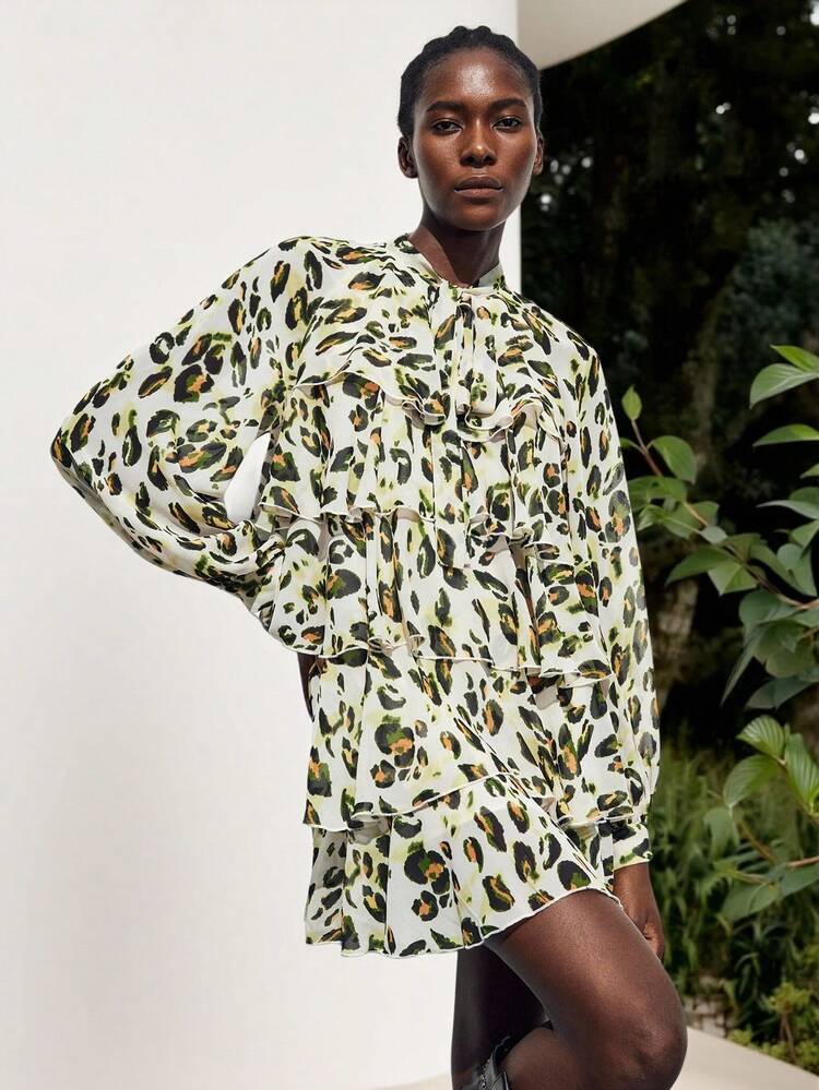 SHEIN Maija Women's Leopard Print Lantern Sleeve Layered Ruffle Hem Fashion Mini Dress Western Clothes For Women Clothes For Women Going Out Dress Casual Dresses For Woman Sexy Dresses For Women Western Dress Flowy Dress Leopard Print Boho Women Clothing Bohemian Clothes For Women