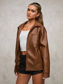 SHEIN BAE 女士纯色拉链休闲百搭长袖夹克棕色仿皮斑驳纹理腰带下摆机车夹克复古做旧皮革冬季女式夹克感恩节女式冬季女式外套圣诞节女式圣诞冬季夹克 - 鏽棕色 - 查看 4