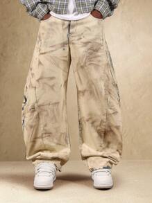 Quần jeans ống rộng kiểu thợ mộc SUMWON, dáng rộng thoải mái, chất liệu denim cổ điển với hiệu ứng vẩy sơn, trang phục động thời trang, phong cách nổi bật, bộ sưu tập thu đông dẫn đầu xu hướng, phong cách thường ngày. - Màu xanh lam - Xem 1