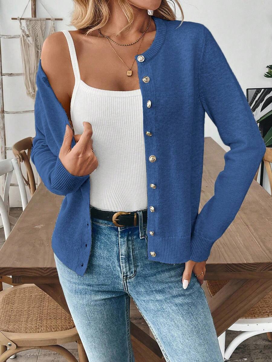 SHEIN LUNE 女式纯色长袖圆领单排扣休闲针织开衫 - 霧霾藍 - 查看 1