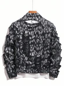 Manfinity Homme Men's All-Over Print Distressed Design Single-Breasted Grunge Casual Denim Jacket Halloween All Saints' Day, Fall - Black - View 2