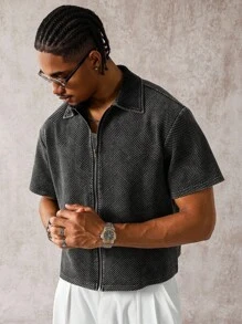 Manfinity EMRG 男士休闲酸洗短袖衬衫 - 黑色 - 查看 6