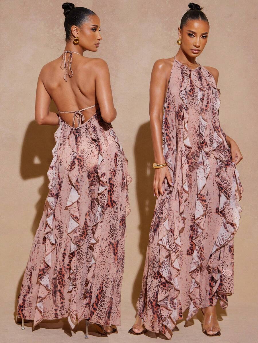 Hauture 女士服装，淡紫色长款无袖荷叶边连衣裙，简约时尚日常休闲，女士连衣裙，派对连衣裙，夏季连衣裙，优雅女士连衣裙，正式女士连衣裙，舞会礼服，婚纱，情人节连衣裙，长裙。适合约会、演唱会、演出、婚礼、派对、俱乐部、晚会等场合。 - 卡其色 - 查看 1