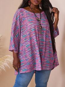 SHEIN CURVE+ 大码休闲度假彩色花卉开衩下摆3/4袖宽松T恤女秋装，冬季，CURVE PLUS/秋冬 - 彩色 - 查看 5