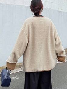 FRIFUL Áo khoác cổ tròn cổ điển chất liệu giả lông cừu Colorblock dáng rộng cho nữ, Áo khoác mùa đông cho nữ - Màu be - Xem 6