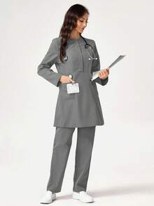 TaskEZ Scrub Uniform Set, Long Sleeve Top And Pants, Solid Color - Grey - View 4