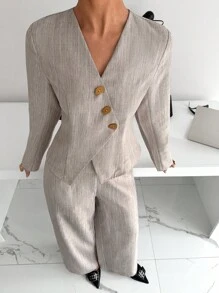 Siren Gaze 2 pièces Ensemble blouse asymétrique et pantalon pour femmes, tenue de bureau élégante, tenue d'enseignante femme, costume décontracté professionnel 2 pièces pour femmes - Nude - Voir 1