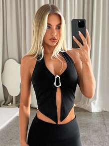 Aloruh Women's Music Festival Sexy Solid Color  Black Halter Neck Deep V Pointed Hem Slit Tight Metal Ring Pendant Necklace Tank Top