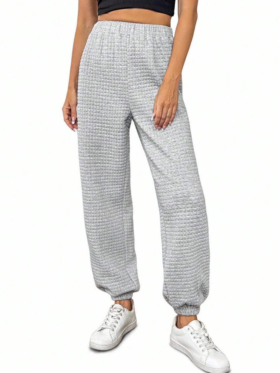 EMERY ROSE Elegant & Casual High Waist Loose Waffle Plaid Tapered Leg Women Pants, Autumn/Winter Fall Cloth For Women - Grey - View 1
