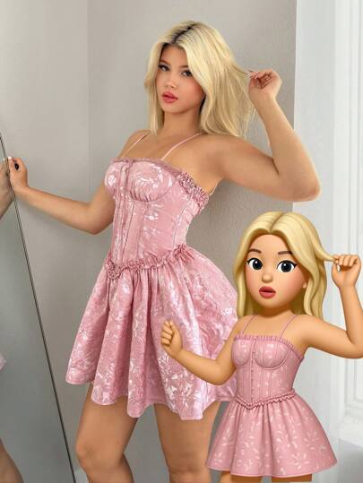 Sweetina 女式万圣节粉色露肩派对娃娃裙花卉提花荷叶边下摆时尚吊带迷你连衣裙