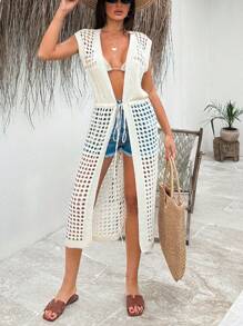SHEIN Suéter de mujer de unicolor con diseño de abertura delantera y cordón