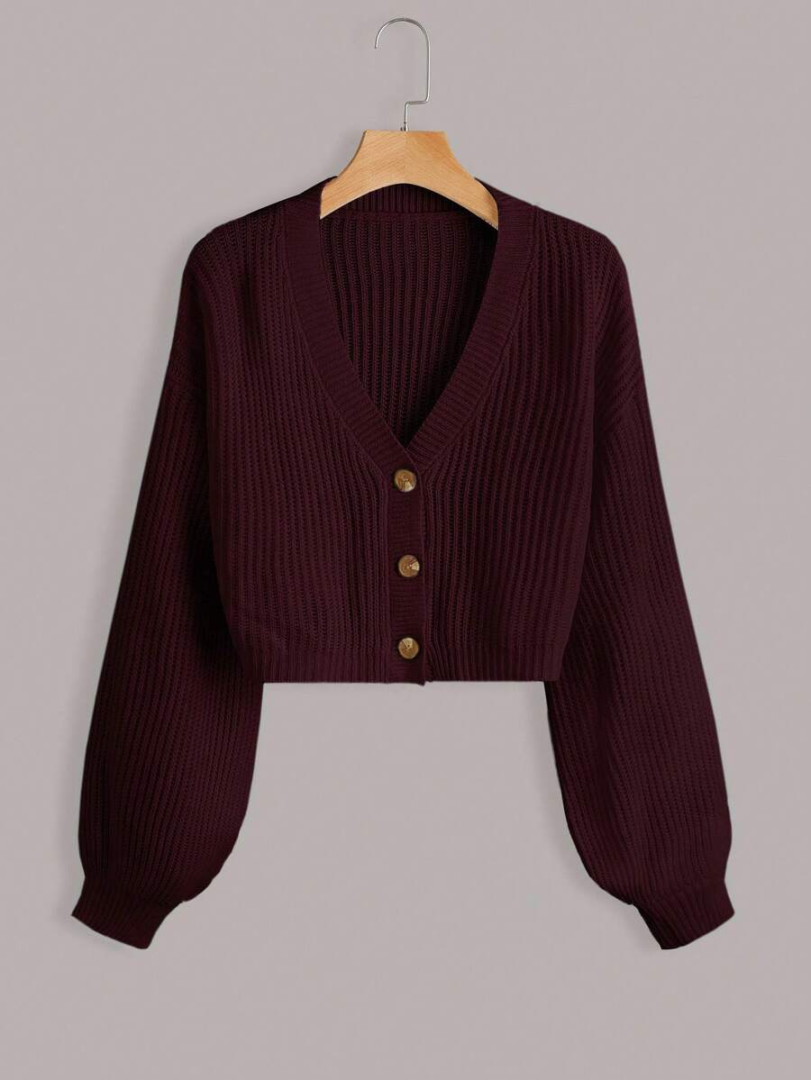 EURMUSE White Lantern Sleeve Button Front Rib Knit Cardigan - Brown - View 1