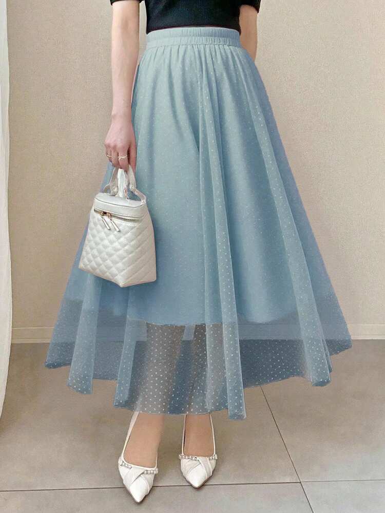 FRIFUL 女士簡約網紗日常優雅裙 - 霧霾藍 - 查看 2