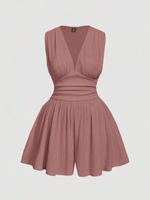 SHEIN MOD Plus Size Women's Pink V-Neck Ruched Waist Short Jumpsuit - Dusty Pink - View 1