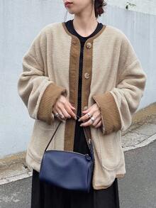 FRIFUL Áo khoác cổ tròn cổ điển chất liệu giả lông cừu Colorblock dáng rộng cho nữ, Áo khoác mùa đông cho nữ - Màu be - Xem 5