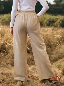 SHEIN Pantalones palazzo de maternidad de unicolor, cintura alta, sueltos y con bolsillos - Caqui - Ver 2