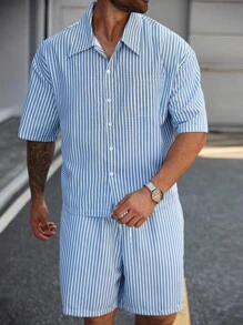 Manfinity Homme 2 件男士街头风格服装 - 短袖衬衫和短裤套装，带有标语和图形设计，经典格子面料，复古气息，适合街头服饰、休闲装、户外装、送礼、男女通用 - 彩色 - 查看 5