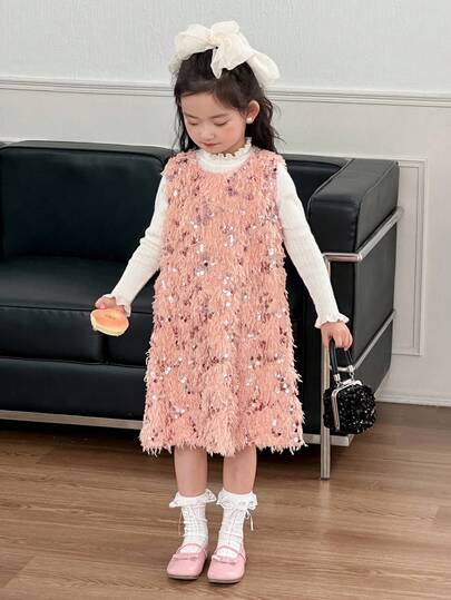 DAZY 女童圆领亮片羽毛装饰派对生日中长连衣裙 女童无袖派对连衣裙 粉色