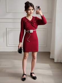 2pcs Tween Girl Casual Outfit, Pearl Decor Long Sleeve Top And A-Line Mini Dress, Elegant Outfits For Spring Autumn