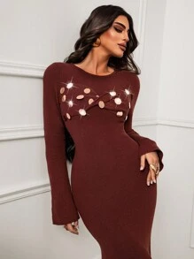 Lineaform Figurbetonte elegante Strickkleid, geeignet als Hochzeitsgast-Outfit, Partykleid, Vintage Pailletten Dekor - Braun - Übersicht 5