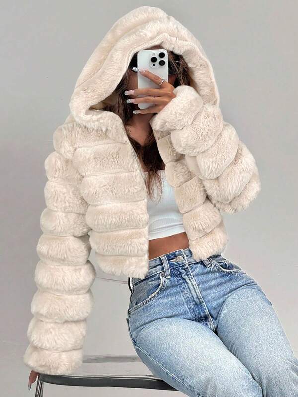 SHEIN EZwear Women's Khaki Fluffy Hooded Short Faux Fur Jacket, Fashionable For Autumn/Winter,Fall