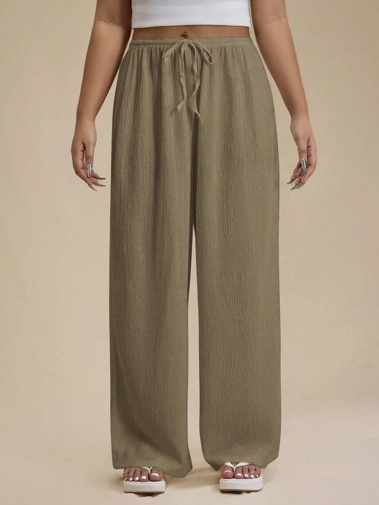 SHEIN Forever 21 Plus Size Women's Solid Color Tie Waist Wide Leg Loose Casual Pants - Khaki - View 3