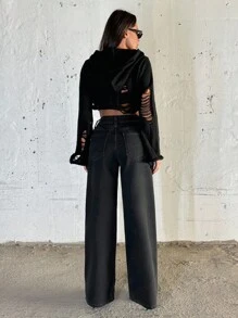 EURMUSE WOMEN WIDE LEG LOW WAIST JEANS - Black - View 2