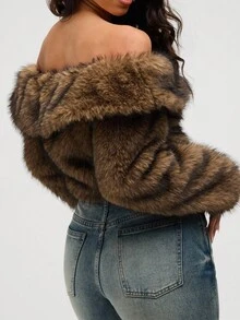 Aloruh 女士新款秋冬时尚露肩日常装复古套头衫修身翻领蓬松毛茸茸外套 - 棕色 - 查看 8