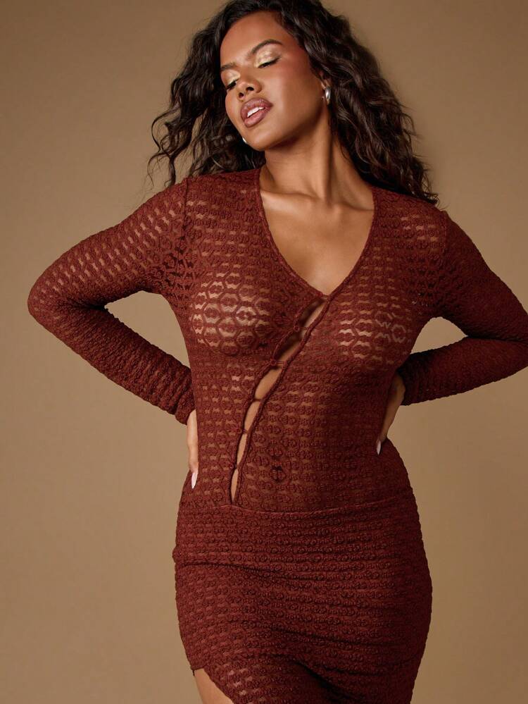 MISSGUIDED Bodycon Long Sleeve Maxi Dress Floor Length Burgundy Knit Evening Dress With Button Front Detail See Through Pattern Elegant Form Fitting Gown Christmas