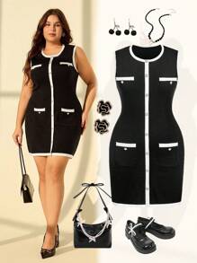 SHEIN MOD Plus Size Women's Elegant Black & White Contrast Color Faux Pearl Button Comfortable Versatile High Stretch Knit Sleeveless Sweater Dress,Autumn Clothes,Fall Clothes,Winter Clothes,Elegant,Chic - Black and White - View 1