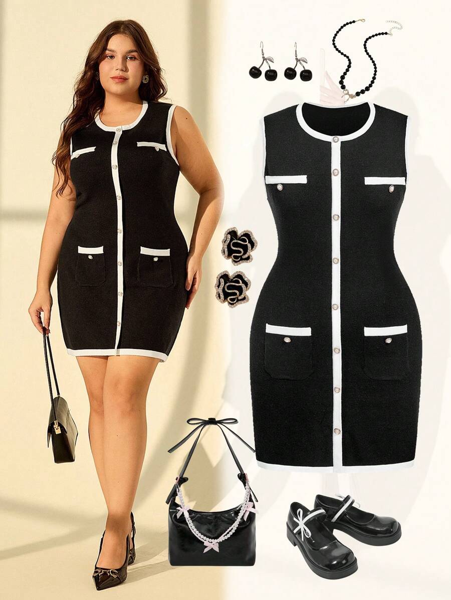 SHEIN MOD Plus Size Women's Elegant Black & White Contrast Color Faux Pearl Button Comfortable Versatile High Stretch Knit Sleeveless Sweater Dress,Autumn Clothes,Fall Clothes,Winter Clothes,Elegant,Chic - Black and White - View 1