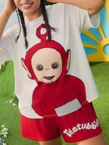 Teletubbies X SHEIN 大码卡通字母印花上衣和短裤睡衣套装 - 白色 - 查看 5