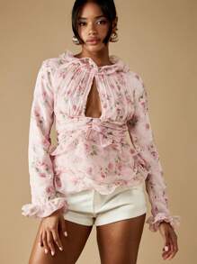 MISSGUIDED Blommig volangkrageblus med nyckelhålsdetalj i viktoriansk stil, långärmad, vår/sommar, trädgårdsfest, topp för tetillfället - Rosa - Visa 1