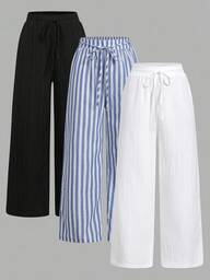 SHEIN Essnce 3pcs Set Black & White Striped Nautical Style Women Casual Waist Tie Pants With Pockets, Straight Leg, Suitable For Summer Vacation Fall Clothes Winter Clothes