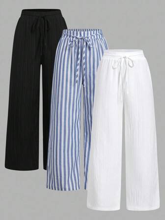 SHEIN Essnce Set de 3 pantalones casuales de mujer con estilo náutico a rayas blancas y negras, con cintura ajustable y bolsillos, de pierna recta, adecuados para vacaciones de verano