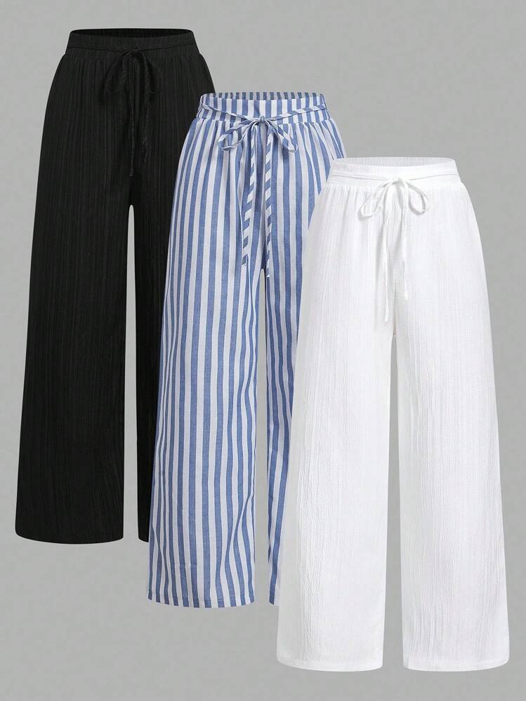 SHEIN Essnce 3pcs Set Black & White Striped Nautical Style Women Casual Waist Tie Pants With Pockets, Straight Leg, Suitable For Summer Vacation Fall Clothes Winter Clothes - Multicolor - View 1