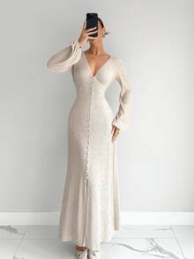 Siren Gaze Women's Autumn/Winter New Textured Deep V-Neck Lantern Sleeve Split Hem Fitted Dress Elegant